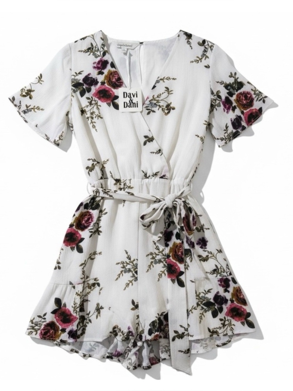 NWT Dave & Dani Boutique Floral Wrap Romper Tie Waist Small | Retail $65